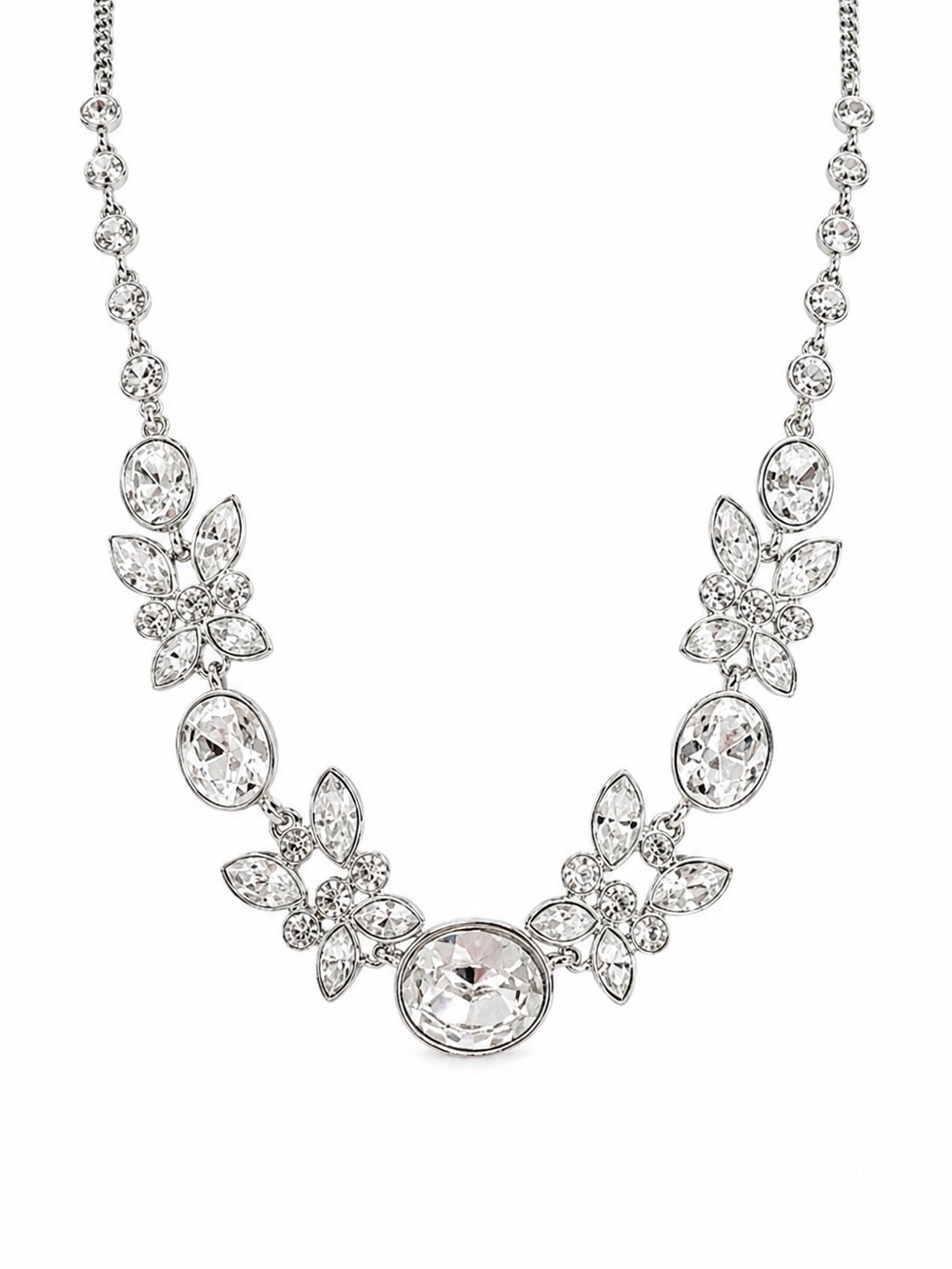 Givenchy Crystal Statement Necklace Oval & Floral Design, Silver-Tone.